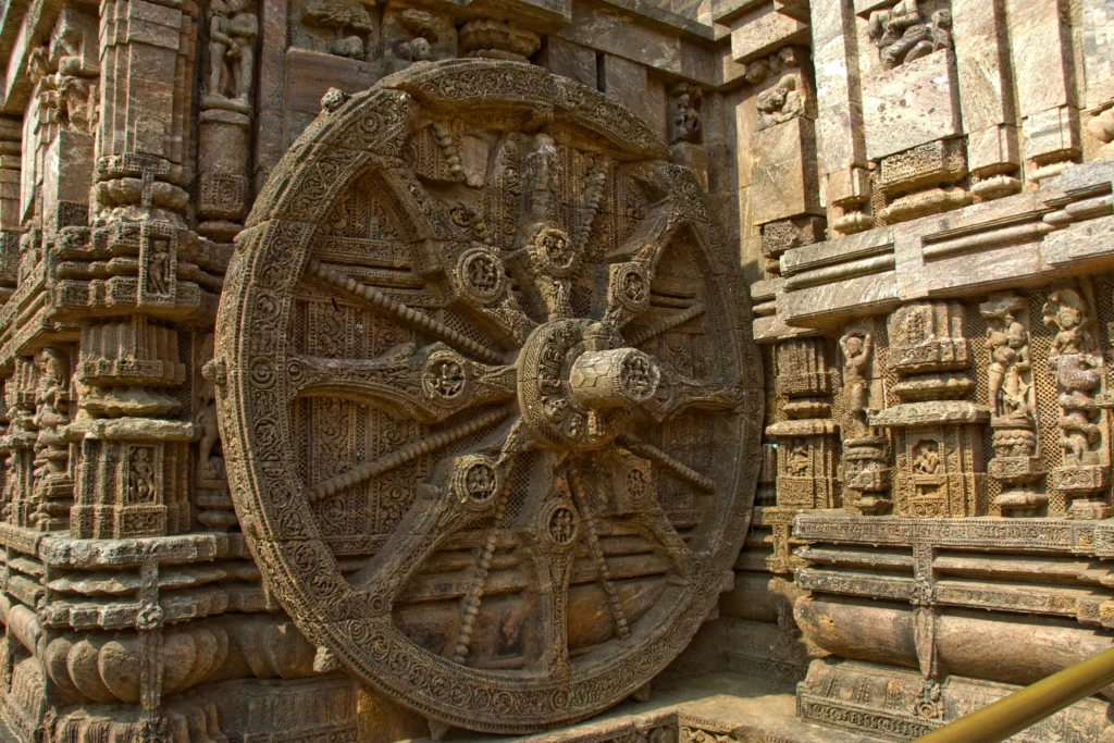 Stone wheel of the chariot at Sun Temple, Konark, Odisha, India, Asia